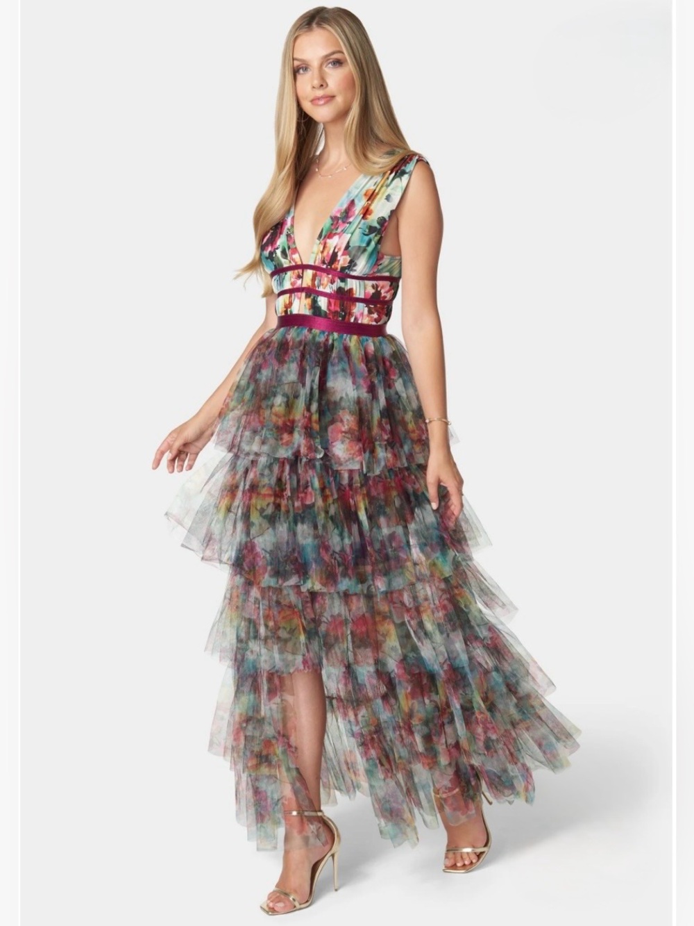 bebe Multi-Color Floral Tiered Tulle V-Neck Dress